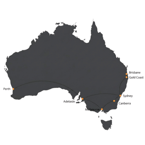Map of Australia showing Urgent Express Courier same-day delivery coverage across Sydney, Melbourne, Brisbane, Perth, Adelaide, Canberra and the Gold Coast